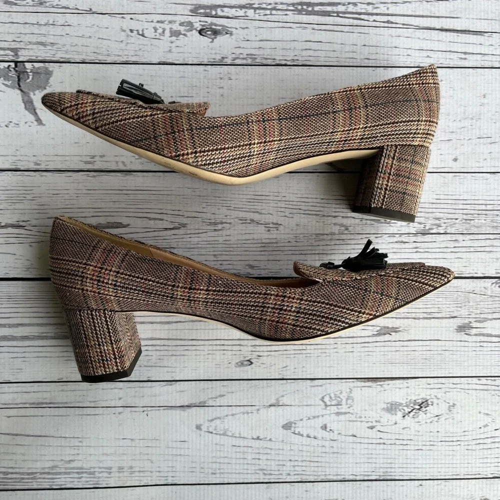 J.Crew Avery Women Italy‎ Plaid Tweed Tassel Block Heel Pumps Kate Middleton 7.5